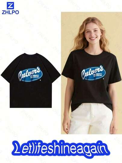 Camiseta negra de manga corta con estampado ovalado azul de "Culver's" y "BUTTER BURGERS & FROZEN CUSTARD", diseño de jugador de béisbol en bandera, camiseta temática blanca, camiseta de hombre de talla grande, 100% algodón, 180g, tops cómodos y transpirables, primavera/verano, de manga corta, cuello redondo, casual para mujeres, estampado de punto negro/blanco de ocio