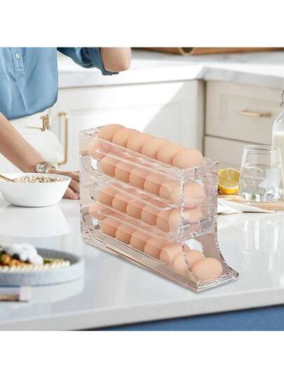 Soporte para huevos con ruedas para 30 huevos, organizador de huevos rodante para encimera, nevera, almacenamiento automático de huevos de 4 capas para comedor, cocina