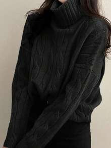 Turtleneck Sweater For Women, Loose Fit Short Style, Long Sleeve Cable Knit, Autumn/Winter - Black - View 3