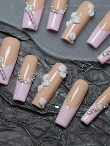 CrystalHola 10片手工法式美甲假指甲，长款粉色指甲，饰以人造宝石和饰品，简约奢华美甲，Y2K风格，彩色亚克力假指甲，适合音乐节、派对和日常佩戴，是送给女孩和女士的绝佳礼物，圣诞美甲 - 彩色 - 查看 3