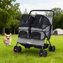 Double Pet Stroller W/ 2-Seater Carrier Adjustable Sunshade Removable Pad - Grey - View 1
