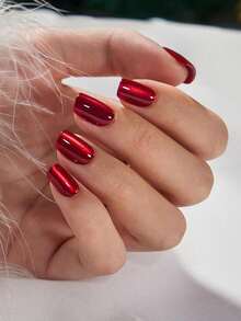 30片亚克力短方形/杏仁形莲花粉色亮面猫眼按压式美甲贴片，闪亮珠光猫眼设计假指甲，适合女性参加节日、休闲、日常、春夏美甲装饰美甲用品 - 酒紅色 - 查看 6