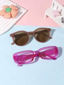 1 Set 2 PCS Teenagers 12-16Y Casual Retro Round Frame And Basic Rectangle Fashion Glasses Suitable For Holiday Outings And As Festival Gifts - Multicolor - View 5