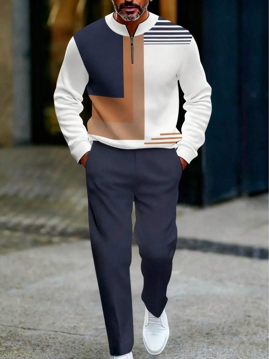 New Men's 2-Piece Simple And Versatile Casual Set For 2026, Featuring A Personalized Geometric Color Blocked Men's Half Zipper Top And Men's Solid Color Casual Loose Straight Leg Pants, Suitable For Daily Commuting - 混合色 - 查看 1