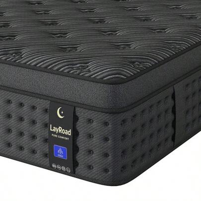 LayRoad Bedroom Furniture, 12-Inch Black Queen Mattress, Built-In Memory Foam And Individually Pocketed Springs, Available In Twin, Full, Queen And King Mattress Sizes, With Side Handles For Easy Movement, Fiberglass-Free, Odorless, Highly Breathable, Providing A Comfortable Sleep.