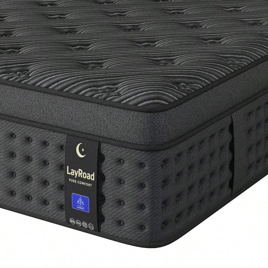 LayRoad Bedroom Furniture, 12-Inch Black Queen Mattress, Built-In Memory Foam And Individually Pocketed Springs, Available In Twin, Full, Queen And King Mattress Sizes, With Side Handles For Easy Movement, Fiberglass-Free, Odorless, Highly Breathable, Providing A Comfortable Sleep. - 黑色 - 查看 1