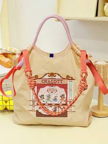 1 pieza Bolso de mano de viaje de gran capacidad con asa de tracción, bolso de nailon con patrón bordado de obra de teatro de moda - Multicolor - Ver 11