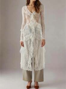 Women Long Sleeve Lace Sheer Tops Ruffle Trim Button Up Long Top Cardigans See Through Bikini Cover Ups Beach Dress - trắng - Xem 1