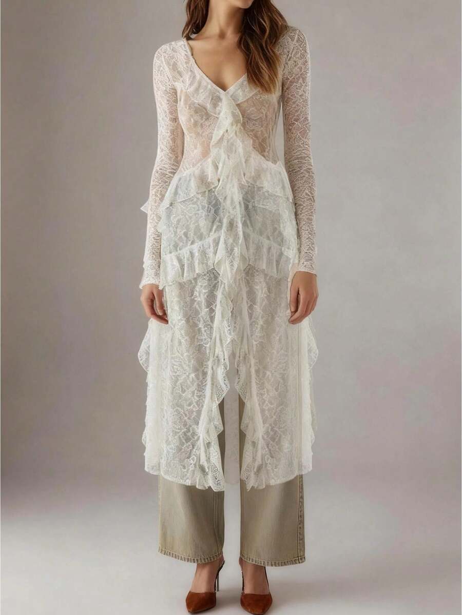 Women Long Sleeve Lace Sheer Tops Ruffle Trim Button Up Long Top Cardigans See Through Bikini Cover Ups Beach Dress - trắng - Xem 1