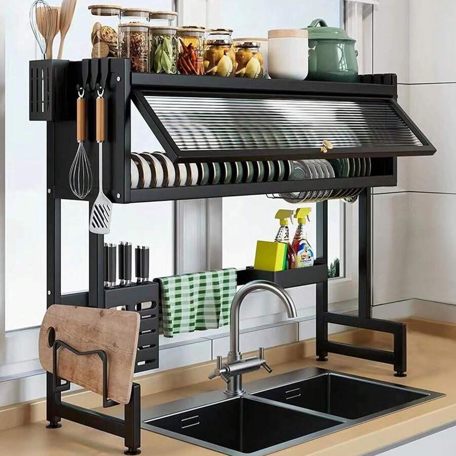 EOOGER Over The Sink Dish Drainer Drying Rack 3 Tier Over Sink Dish Rack For A Tidy Kitchen Sink Shelf, Large Dish Drying Rack With Flip Door, Stainless Steel Dish Drainer Kitchen Sink Organizer - màu đen - Xem 1