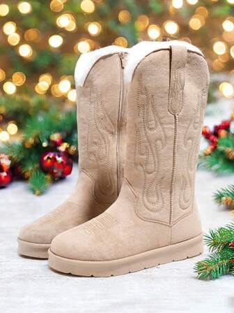 Women's Western Style Flame Pattern Embroidered Snow Boots, Party & Winter Warm Lining Mid-Calf Boots, Ideal Christmas Gift