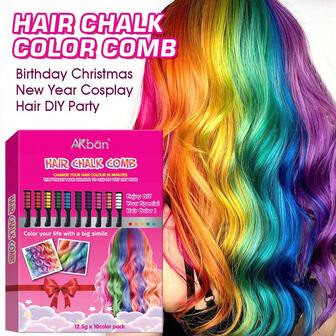 AKBAN 10色临时亮色染发粉笔梳套装，适用于嘉年华，可水洗，适合派对、角色扮演、DIY，持久显色24小时以上，不伤发质，快速染发，适合生日、万圣节、圣诞节等场合。