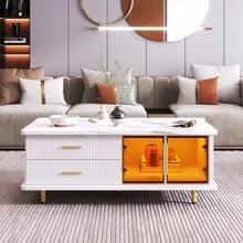 Coffee Table, TV Stand, Modular Living Room Furniture, Tempered Glass Door, Aluminum Alloy Frame, Wavy Structure Drawers, Gold Handles And Feet, Marble Top. - White - View 9