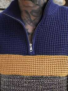 Men's Contrast Color Zipper Placket Long Sleeve Casual Sweater, Autumn/Winter - Multicolor - View 4