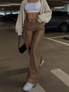 女士高腰亮面PU皮革阔腿裤，哑光涂层，时尚百搭，适合派对、通勤、音乐节、度假等场合，休闲直筒裤，春夏服装，畅销款，Y2K风格，适合派对、通勤、假日、节日、户外活动等场合，春夏穿着，适合高个女性，搭配单品，黑色，长裤 - 卡其色 - 查看 3