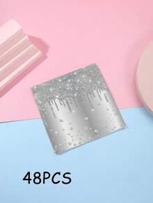 48pcs 13"X13" Silver Glitter Diamond Theme Napkins - Luxury Silver Glitter & Diamond Print, Paper Material, High-End Elegant Style, Suitable For Birthday Party, Wedding, Anniversary Celebration And Daily Use - Multicolor - View 9
