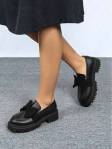 Ladies' Thick Soled Butterfly Bow Loafers - 黑色霧面 - 查看 6
