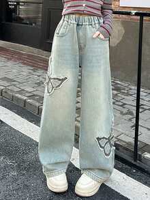 少女松紧腰蝴蝶贴袋阔腿宽松休闲牛仔裤