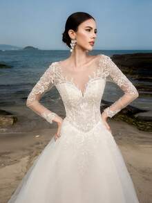 Elasola HEARBOBO White Lace Long Sleeve Backless Mesh Wedding Dress Bridal With Train Elegant - White - View 2