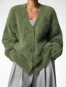 Women's Solid Color Drop Shoulder Long Sleeve Single-Breasted Casual Cardigan, Elegant Faux Fur Sweater, Grass Green - Grass Green - View 2
