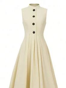 Vestido de Outono, Vestido para Volta às Aulas, Vestido Feminino Estilo Urbano, Vestido Feminino Retrô, Vestido Preto com Botões Decorados, Vestido Maxi Elegante Sem Mangas, Vestido Estilo Universitário, Vestido Maxi Minimalista e Elegante Preto com Gola de Botões e Sem Mangas - Caqui - Ver 3