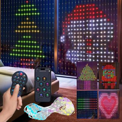 Cortina de Luces RGBIC Inteligentes 3 m x 3 m 400 LED luces con Control de APP + Remoto IR,Patrones y textos DIY,Varios patrones de vacaciones,subir imágenes y otros al para Navidad,Fiesta,Boda