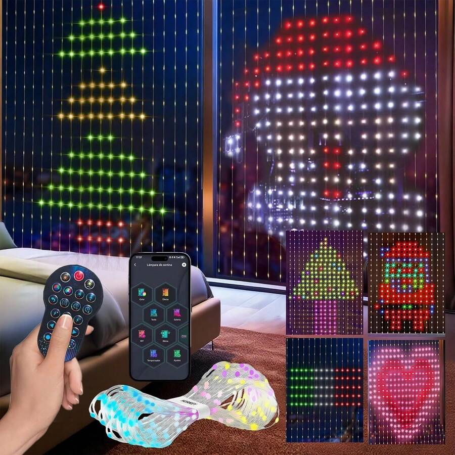 Cortina de Luces RGBIC Inteligentes 3 m x 3 m 400 LED luces con Control de APP + Remoto IR,Patrones y textos DIY,Varios patrones de vacaciones,subir imágenes y otros al para Navidad,Fiesta,Boda - 3 m x 3 m - Ver 1