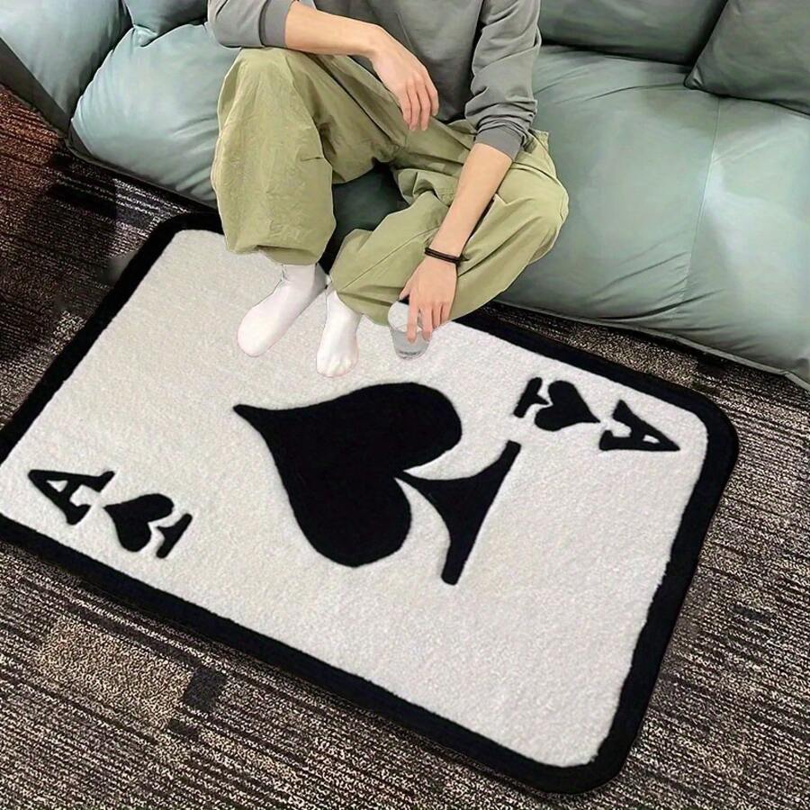 1pc Plush Soft Flannel Area With Poker Design -Black & White Checkered Pattern, Hand Wash Only, Rectangular Shape Bedroom, Living Room, Sofa Bedside - Easy-Care Home Decor, Rugs Living Room, Bedroom Comfort, Playful Design, Durable Comfort, Rug Bedroom, Card Rug/Deck, Rug Living Room - màu đen - Xem 1