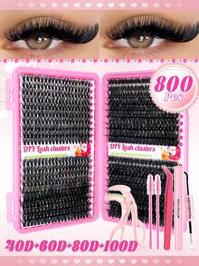 800PCS-30D/40D/60D/80D/100D Clumpy Faux Lashes Set With Grafting Tools, Curl 9-18mm Mixed Length Cat Eye Style DIY At Home For Music Festivals, Christmas, Halloween, And All Festive Occasions - Black - View 7