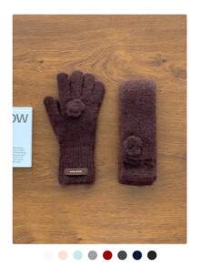 1 Set Elegant Floral Pattern Scarf & Fingerless Mittens, Narrow Long Scarf & Warm Knitted Gloves, Chic Styling, Suitable For Autumn/Winter, Commuting, Students - [Combo Pack] Brown Leather Label With Small Flower - View 17