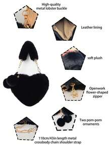 This New Winter Versatile Heart-Shaped Plush Bag Accessory Has Two Fluffy Pom-Poms And Comes With A Detachable 110cm/43-Inch Metal Chain. This Women's Autumn/Winter Handbag/Crossbody Bag With A Soft Plush Handle Makes A Perfect Gift For Friends Or Loved Ones. , Valentine's Day - Multicolor - View 3