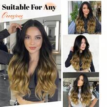 26 Zoll Braun Highlights Perücke für Frauen, lange Wellen 4x1 Spitze, natürliche Haaransatz, klebefrei für Anfänger, Mittelscheitel, synthetisch für Alltag, Weihnachten, Partys usw. - Verschiedenfarbig - Übersicht 5