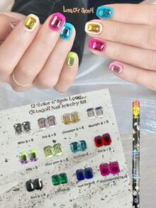 KIRAME 180顆 12色混色 6x8mm 長方形平底水鑽套組，含1支點鑽筆，高光澤K9美甲鑽飾，適用居家美甲、美甲沙龍、美甲用品，萬聖節、聖誕節、新年、節日禮物美甲飾品 - 彩色 - 查看 5