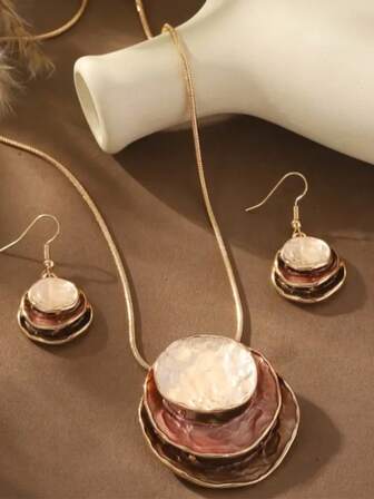 1对耳环+1条项链，时尚优雅，创意原创设计，三层锌合金绿色圆形吊坠搭配蛇骨链，是女士和女孩圣诞派对街头风的完美礼物。