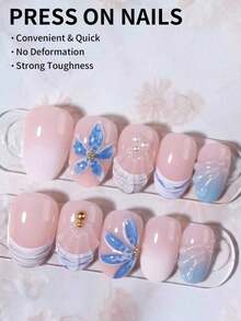 24pcs Oval Flower Nail Stickers With Shell & Pearl Decor, High Adhesion French Manicure Stickers For Short Acrylic Nails, Includes 1pc Jelly Gel And 1pc Nail File, Suitable For Women & Girls For Daily, Holiday Party, Etc. - Nhiều màu 2 - Xem 6