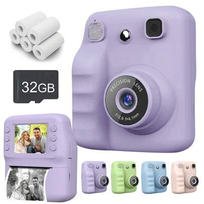 Instant Print Camera, 1300mAh Battery, Comes With USB-C Cable, 5 Sheets Of Photo Paper & 32GB SD Card, 48MP Ultra-Clear Photos, Lightweight & Portable, Supports 1080P Video Recording, Instant Printing, Timer Shooting, Suitable As Gift For Family/Friends/Partner/Youth (Pink/Purple/Blue/Green)