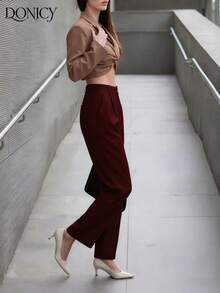 DONICY Quần nữ ống đứng xếp ly cạp cao màu trơn, mềm mại và thoải mái, thời trang, đa năng, thanh lịch, phù hợp cho sinh hoạt hàng ngày, hẹn hò, tiệc tùng, ngày Valentine, lễ hội, công sở. - Màu Đỏ Sâu - Xem 10