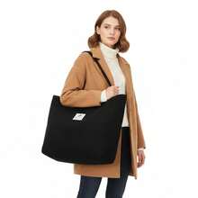 Corduroy Tote Bag, Women's Tote Bag, Shoulder Bag With Inner Pocket For Work Beach Travel And Shopping Grocery, Travel Gym Bag For Women Work Lunch Beach Grocery Shopping Shopper Handbags, Suitable For Work, School, College Student, Books, Shopping, Back To School, Best Friend Gifts, Birthday/Valentine's Day Decor Gifts, Auspicious New Year Gifts - 黑色 - 查看 3