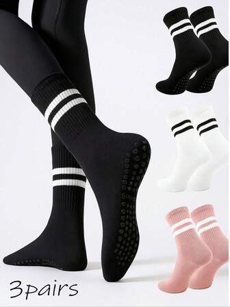 3 Pairs Women's Non-Slip Socks, Suitable For Yoga, Pilates, Fitness, Gymnastics, Professional Non-Slip Socks, Moisture-Wicking, Breathable, Mid-Calf Socks, Contrast Stripe Design Adds Fashion For Everyday Wear