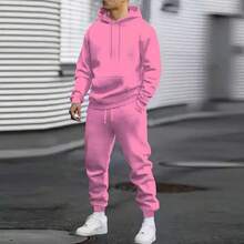 Men's Autumn Suit Casual Sports Solid Color Hoodie Men's Two-Piece Set Loose Sweatshirt Men's Clothing - 粉紅色 - 查看 12