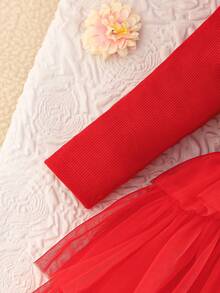 Baby Girls Autumn New Sweet Cute Solid Ribbed Mesh Ruffle Hem Dress + Belt, Sweet Princess Fashion - Red - View 6