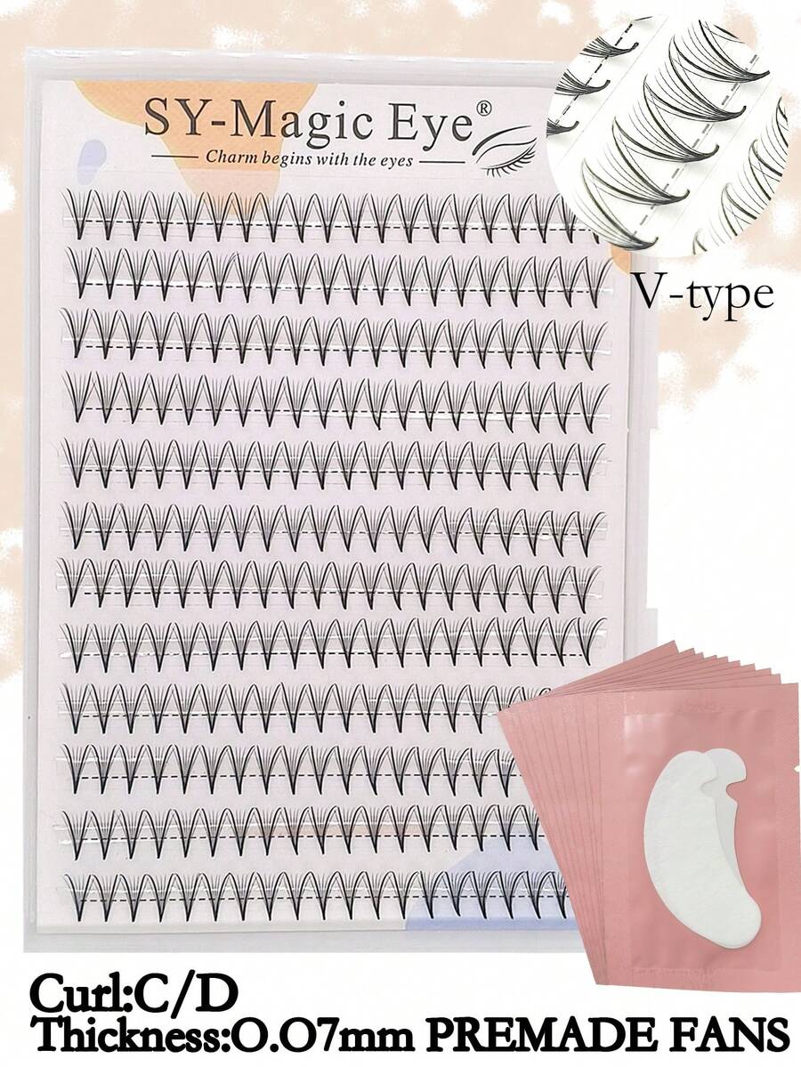 240 Pcs Per Box, V-Type Eyelash Extension, Thickness 0.07mm,Sharp Narrow Stem Premade Fans,8-15mm/Mix, Curl C/D ,Pointy Base Premade Fans Eyelash Extensions, With 10Pcs Eyelash Extension Gel Under Eye Pads , Easy To Carry, Hand-Grafted False Eyelashes, Party And Travel, Christmas - Black - View 1