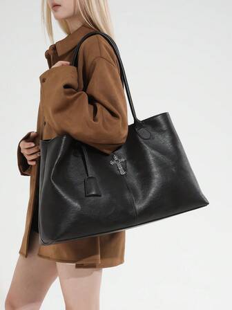 Crossbody Bag For Women: Autumn & Winter English Style Casual Tote, Fashionable Leather Handbag With Cross Pendant Women's Handbag, Autumn Winter Casual Tote, English Style Leather Bag, Cross Pendant Shoulder Bag, Fashion Casual Women's Bag, Large Capacity Tote Bag, Women's Handbag, Bag