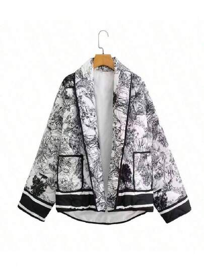 Women's Fashion And Elegant Autumn And Winter Green Fruit Collar Open Placket Full-Body Printed Cotton Jacket