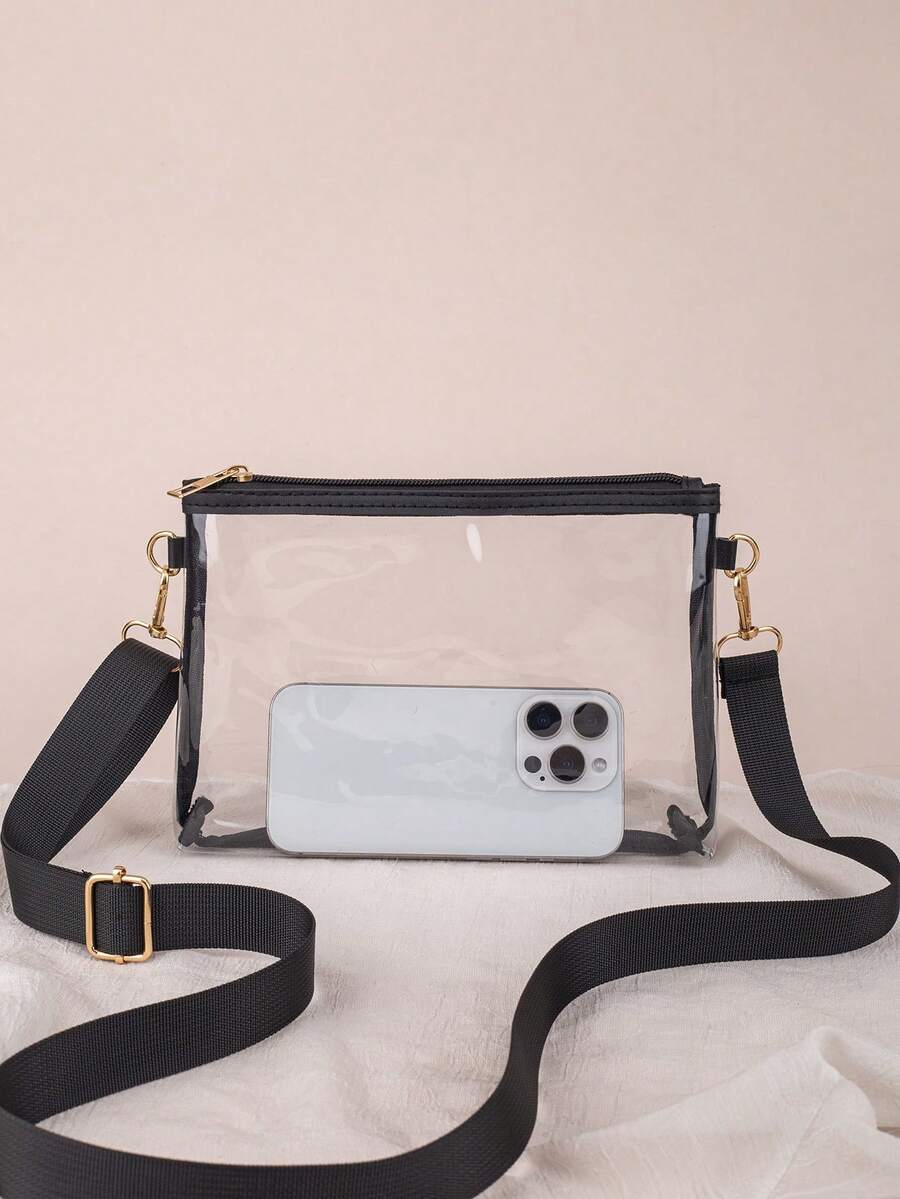 1pc See-Through Small Square Bag For Women, Can Hold Daily Necessities, Edged See-Through Organizer Pouch, Lightweight And Fashionable, Suitable For Storing Cosmetics, Glasses And Other Items - Black - View 1