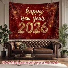 [New Year] 2D Flat, 1pc Happy New Year 2026  Red Polyester With Golden Fireworks & Glitter Design, Parties, Weddings, Photoshoots, And Holiday Celebrations, Home & Garage Door Decoration, Festive Room Decor| Festive| Durable Polyes - 彩色 - 查看 4