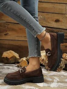 Spring/Autumn Fashion New Patchwork Solid Color Breathable Suede Metal Buckle Loafers, Versatile For Daily Commute, Vacation, Shopping, Suitable For All Seasons, Casual Slip-On Elegant Lady Style, Fashionable Decorative, Platform, Comfortable, Simple Classic Thick-Soled Coffee Brown Shoes - Brown - View 4