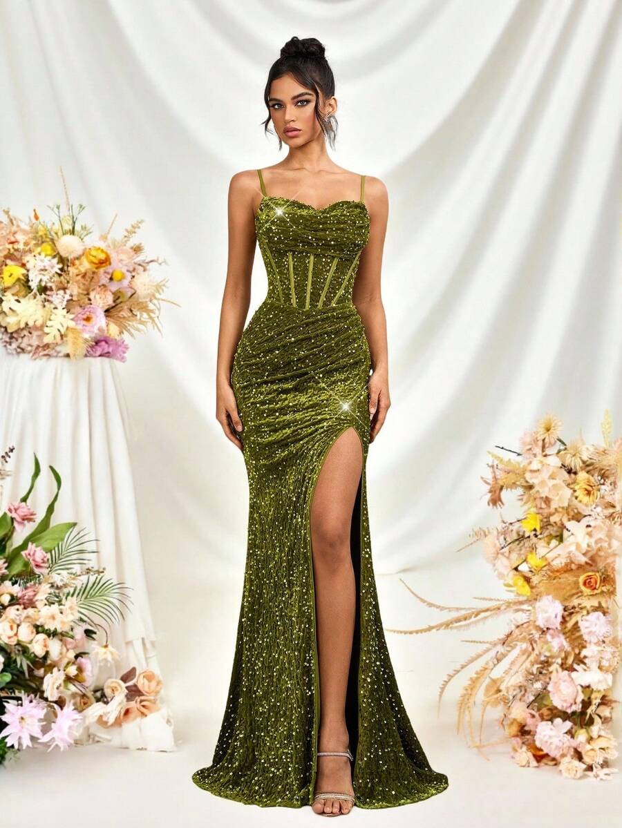 Velvet Sequin Spaghetti Strap Backless Sexy Dress With High Slit, Suitable For Evening Events, Thanksgiving, Christmas, , Weddings, Graduations, Galas, Etc.