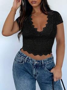 大码女式情人节性感V领蕾丝镂空修身针织短袖衬衫 - 黑色 - 查看 11