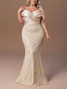 Faeriesty 这款优雅的女士正式晚礼服采用露肩领口、全身亮片鳞片、鱼尾裙摆、交叉露背系带和修身剪裁，适合婚礼、红毯盛会、正式晚宴、盛大舞会和慈善活动等场合。 - 香檳色 - 查看 4